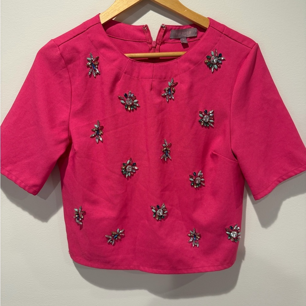 Harper Hot Pink Embellished Crop Top Small